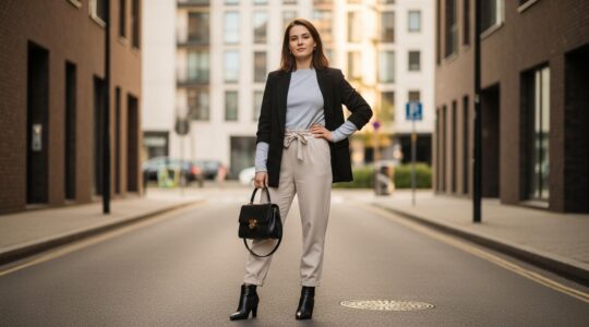Une femme élégante vêtue d'une tenue contemporaine chic, rayonnant de bien-être en milieu urbain.