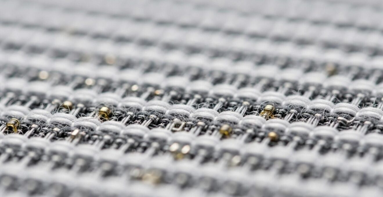 Gros plan d’un tissu intelligent, détails des fibres et capteurs.