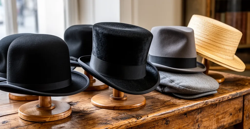 Collection de chapeaux traditionnels français en feutre et paille sur présentoirs en bois