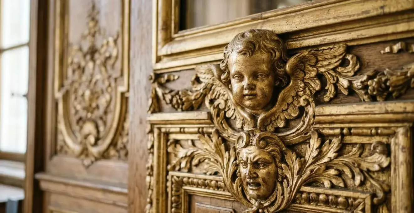 Détail des angelots et masques sculptés sur boiserie dorée style Louis XVI