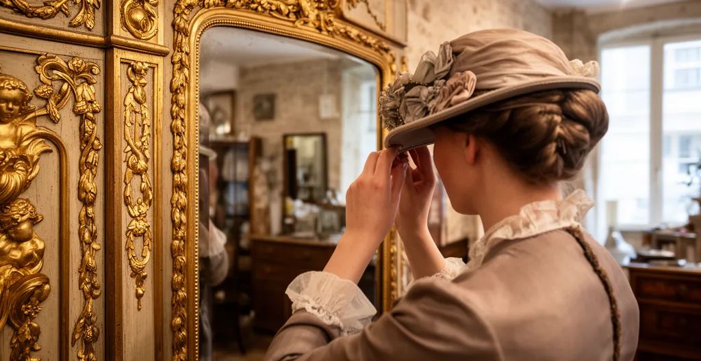 Intérieur Louis XVI avec dorures et miroir ancien dans chapellerie