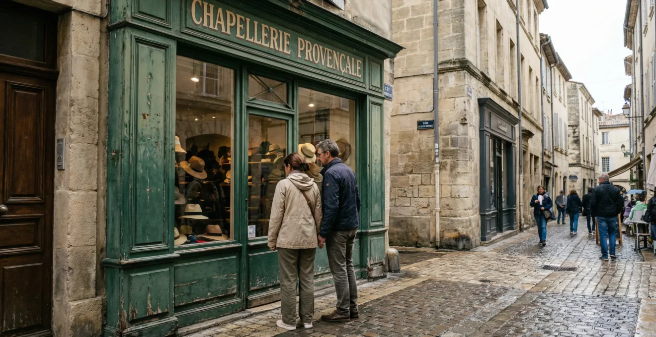 Façade en bois d'une chapellerie avec passants dans rue pavée d'Avignon
