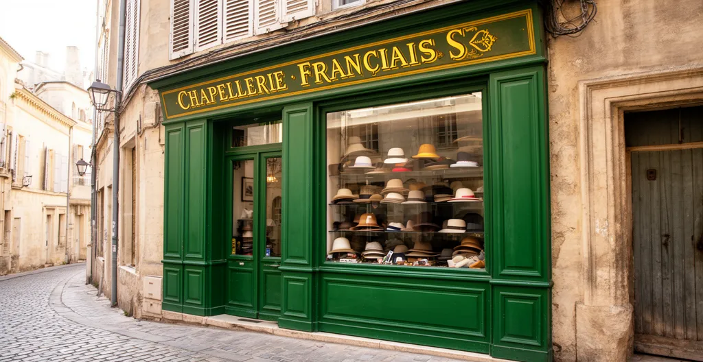 Façade historique de la Chapellerie Mouret à Avignon avec volets verts et enseigne dorée