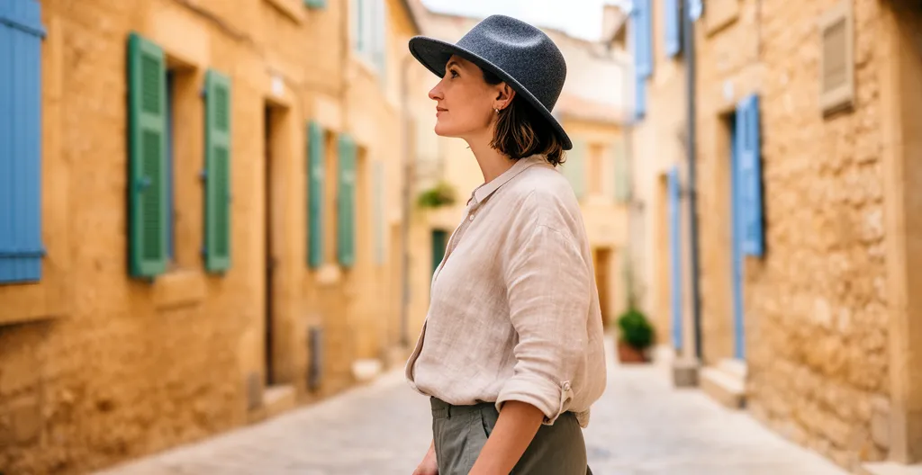 Femme élégante portant un chapeau feutre dans une rue provençale ensoleillée