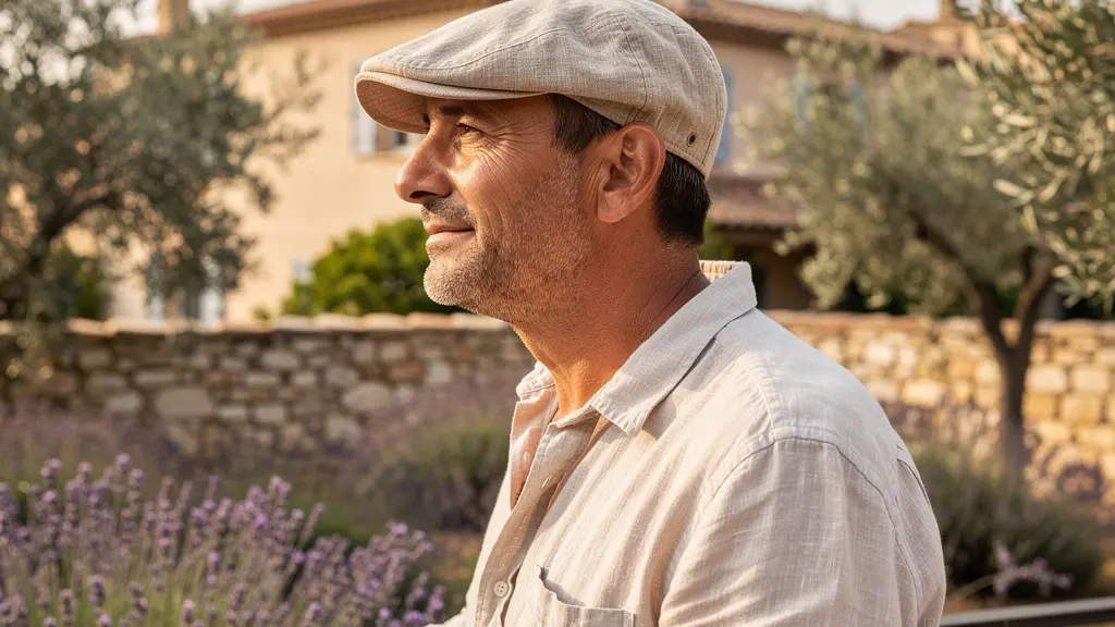 Homme portant une casquette marseillaise en lin sur terrasse méditerranéenne