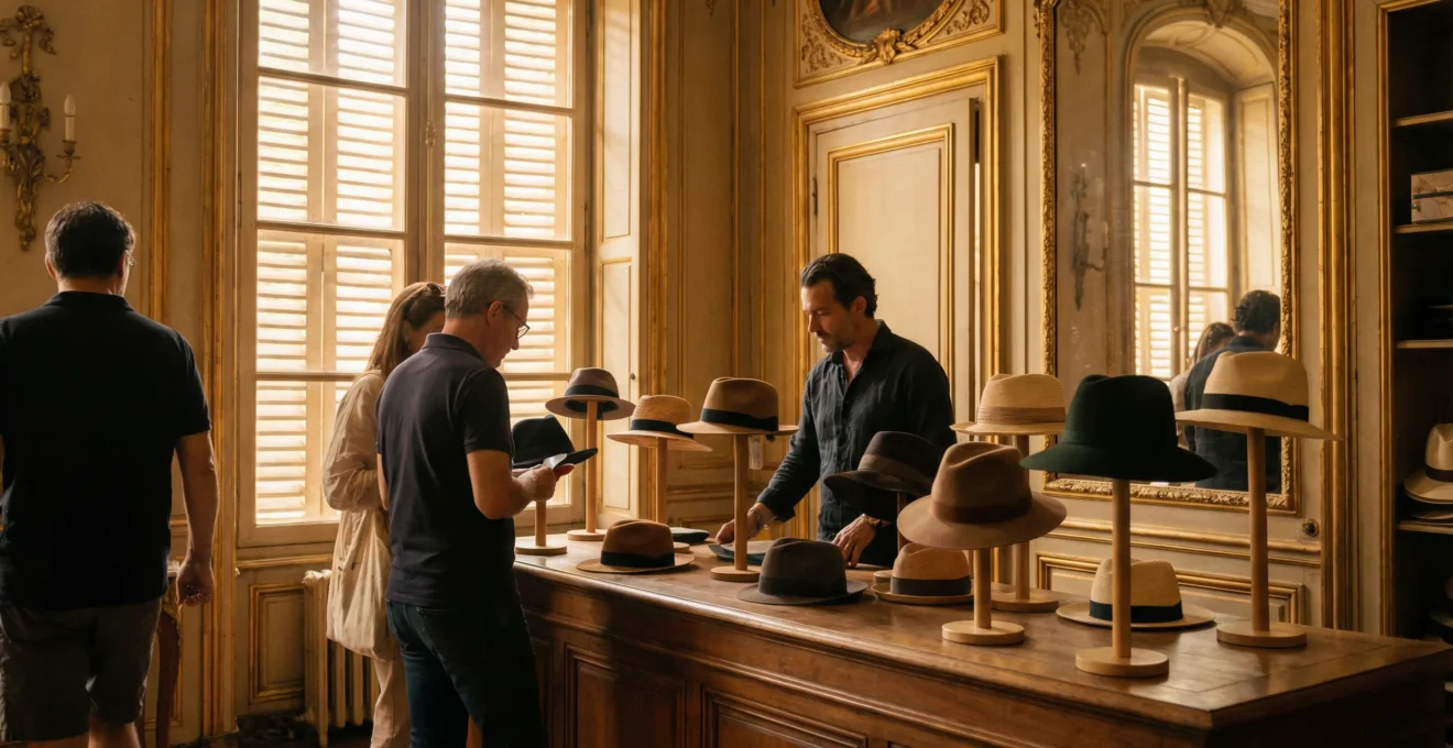 Intérieur chapellerie Avignon avec décor Louis XVI, moulures dorées et chapeaux sur présentoirs