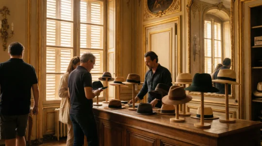 Intérieur chapellerie Avignon avec décor Louis XVI, moulures dorées et chapeaux sur présentoirs