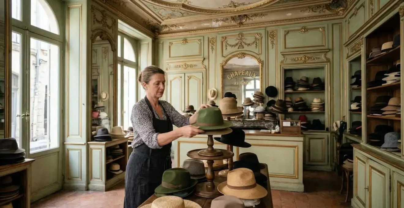 Intérieur historique de la Chapellerie Mouret avec boiseries dorées Louis XVI et chapeaux exposés