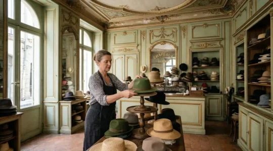 Intérieur historique de la Chapellerie Mouret avec boiseries dorées Louis XVI et chapeaux exposés
