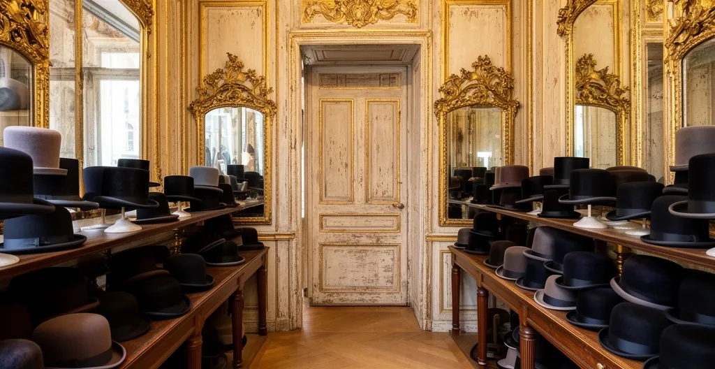 Intérieur de la Chapellerie Mouret avec boiseries dorées style Louis XVI et présentoirs de chapeaux
