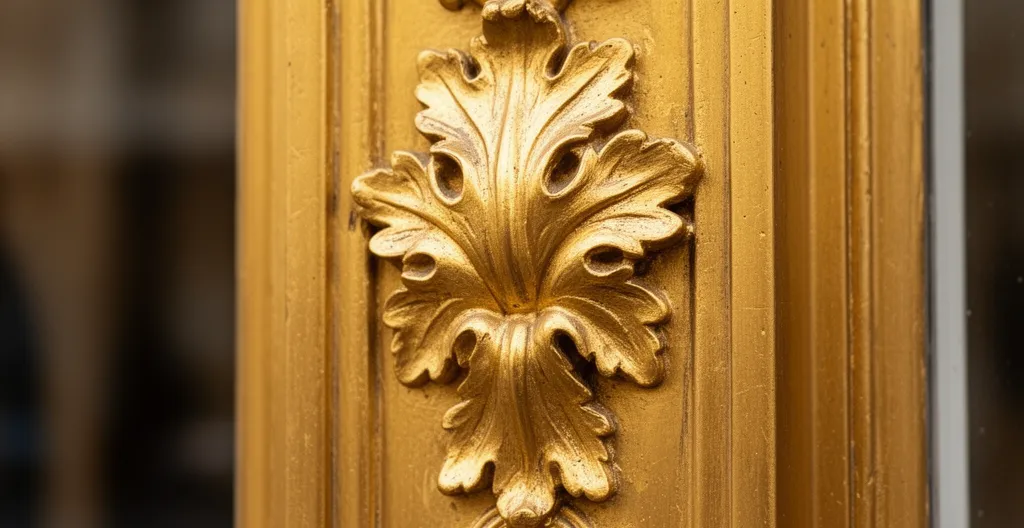 Ornement sculpté doré style Louis XVI sur mur de boutique ancienne à Avignon