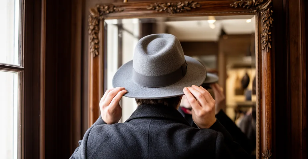 Personne de dos face au miroir ajustant un chapeau feutre