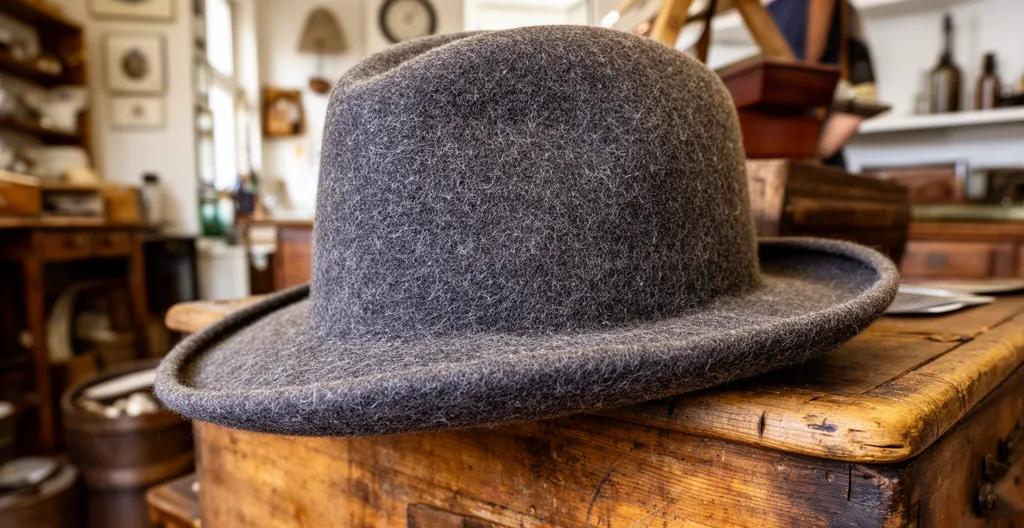 Texture feutre d'un chapeau provençal sur présentoir bois