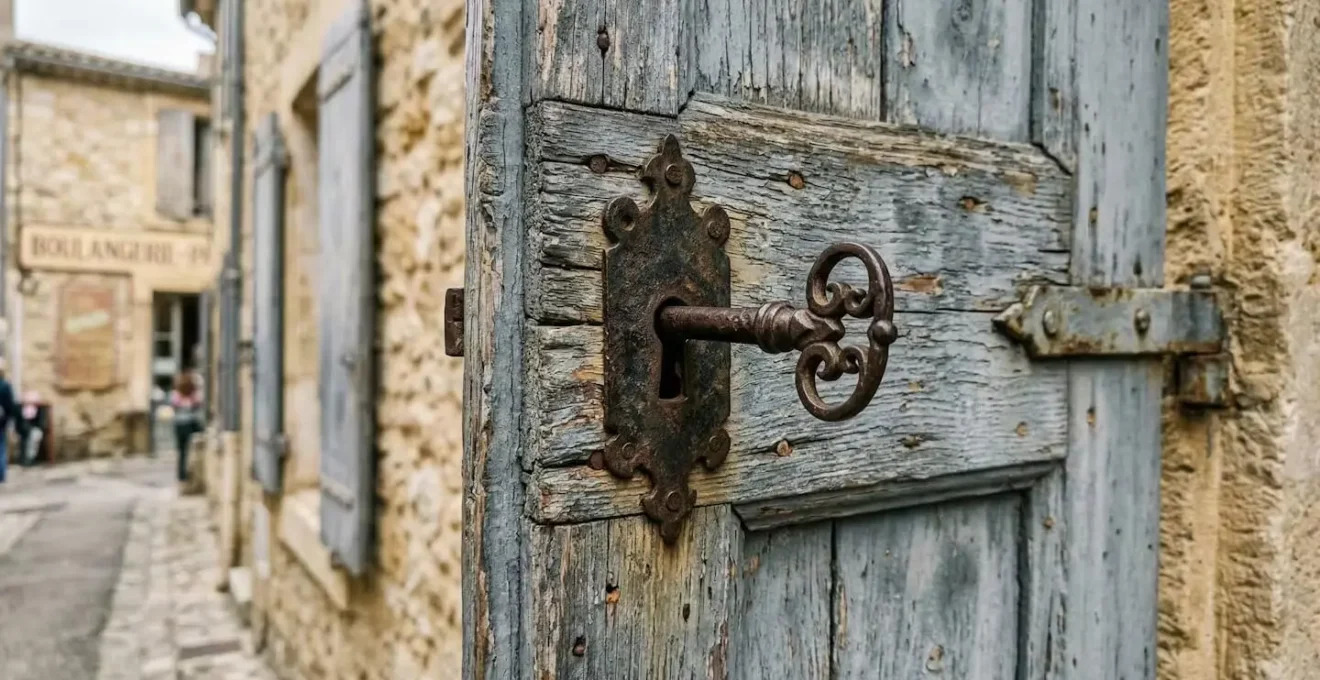 Volets en bois anciens et détail de serrure avec grosse clé historique