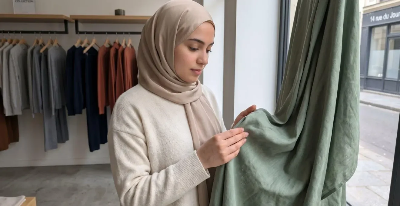 Une femme de dos en hijab moderne touche délicatement un tissu fluide dans un espace lumineux contemporain