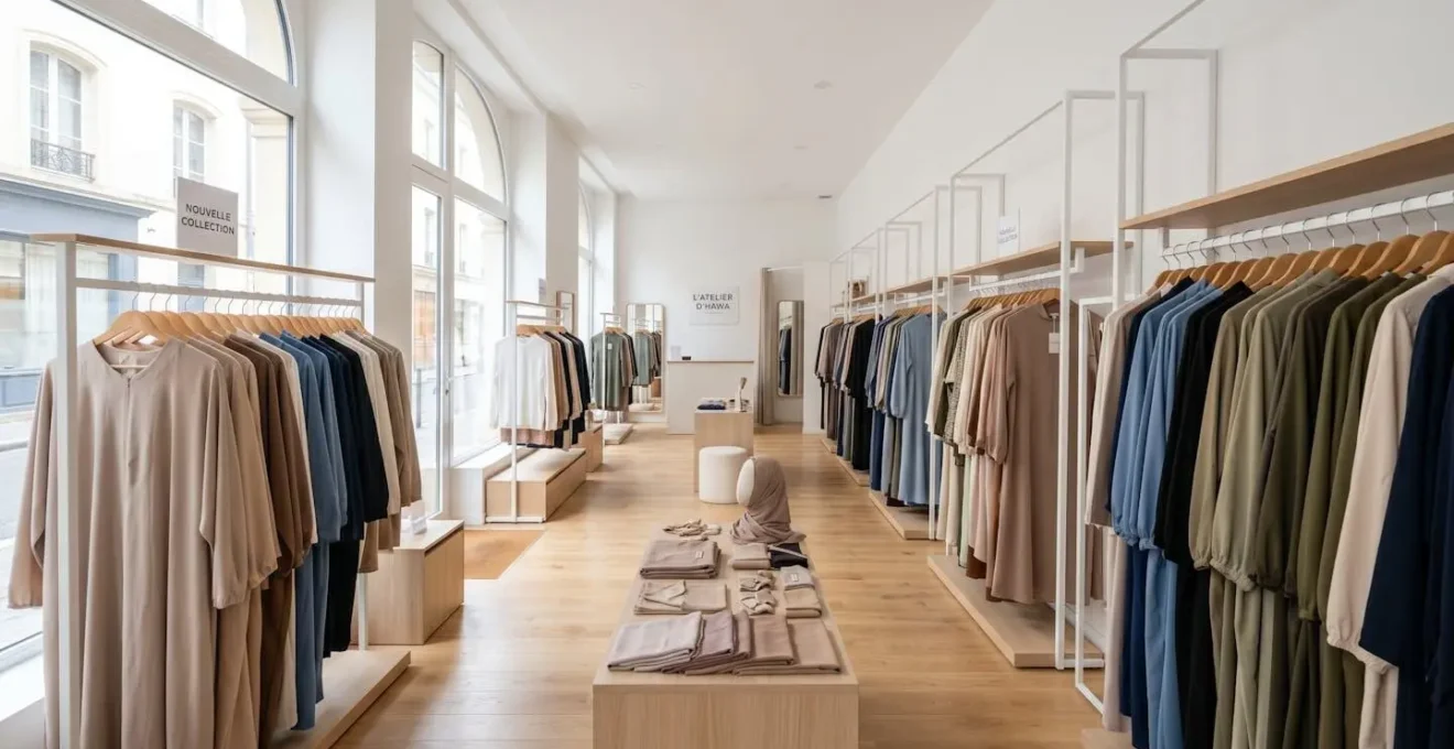 Intérieur d'une boutique de mode pudique contemporaine avec des abayas et hijabs suspendus sur des cintres minimalistes dans un espace lumineux